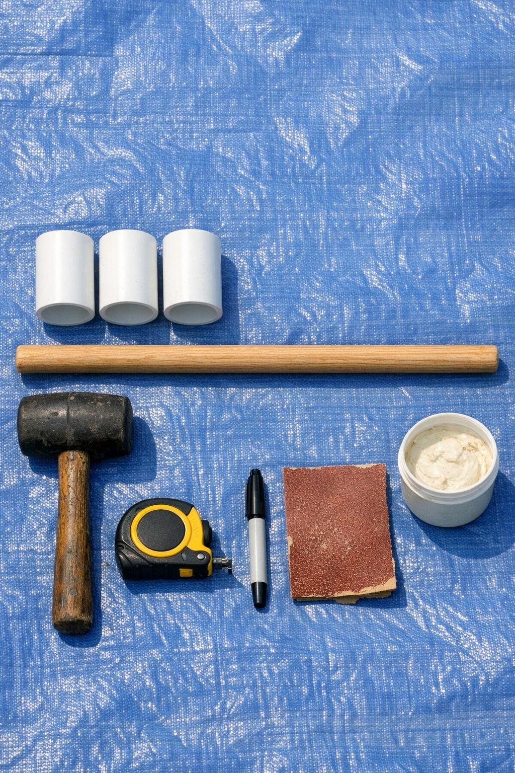 Materials for a DIY PVC soil aerator laid out on a tarp