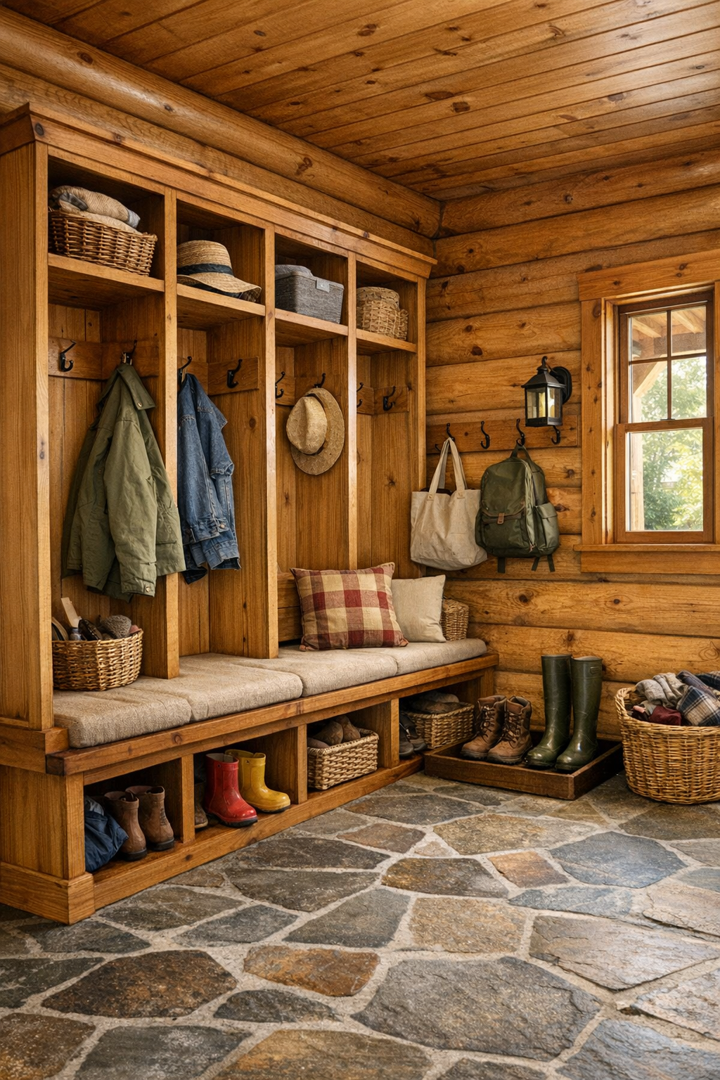 Functional mudroom with built-in bench and rustic storage