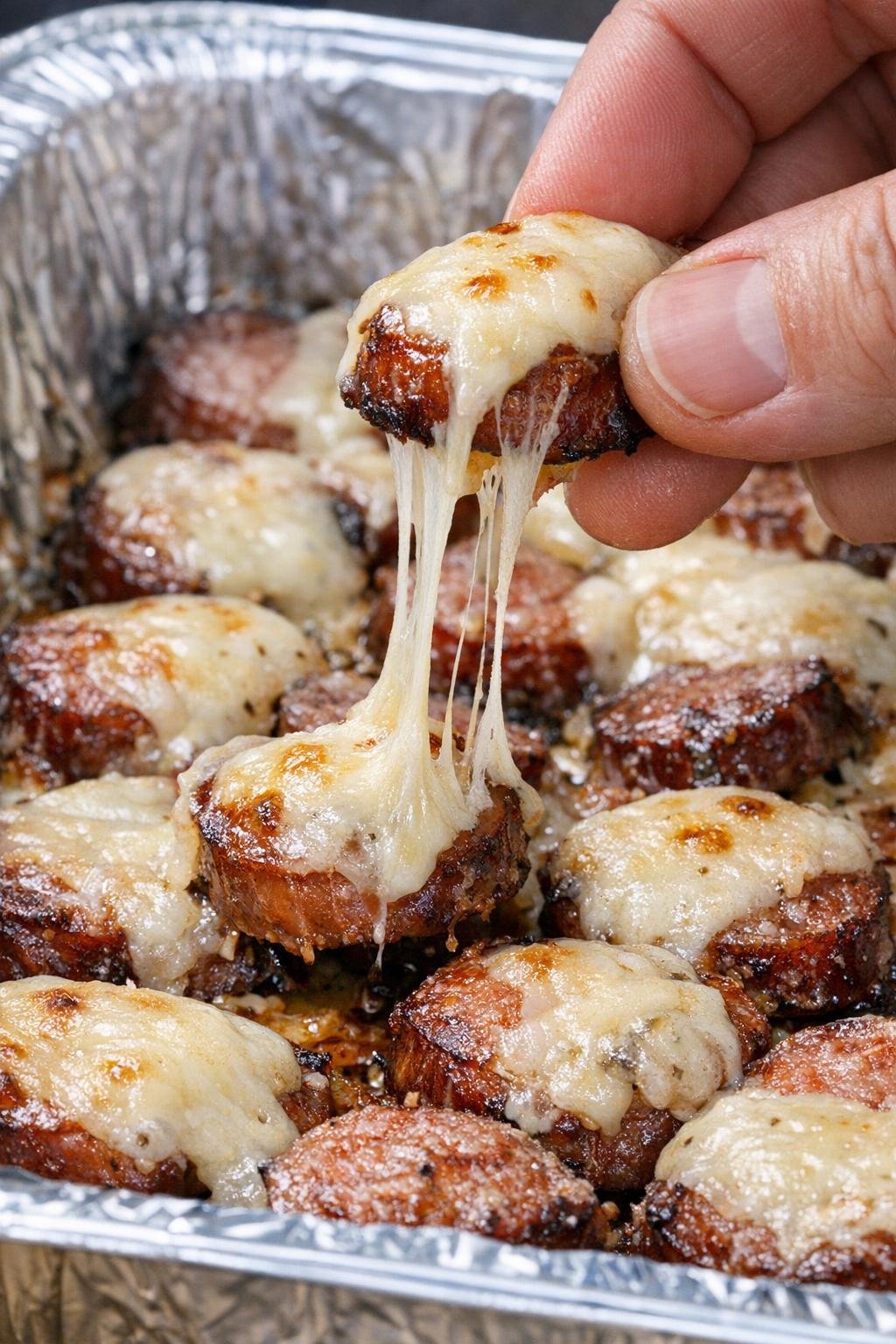 Low carb kielbasa bites in a foil tray with melted provolone
