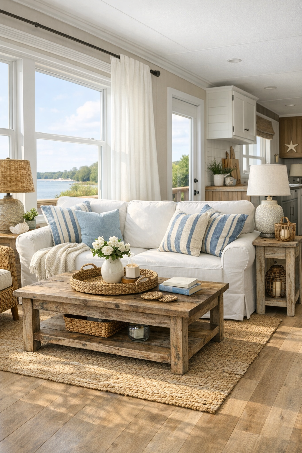 Bright coastal living room with a white slipcovered sofa, pale oak floors, and navy accents