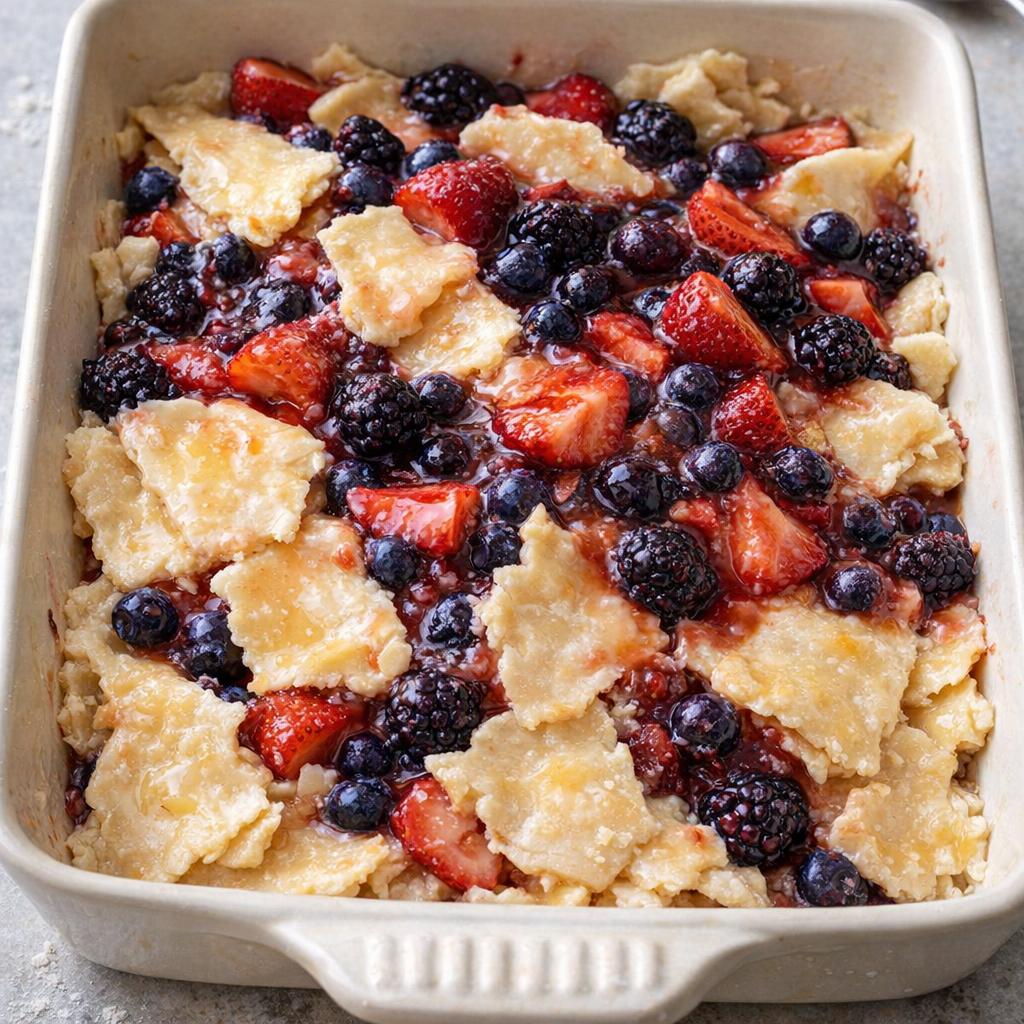 Unbaked pie dough dessert assembled in a baking dish