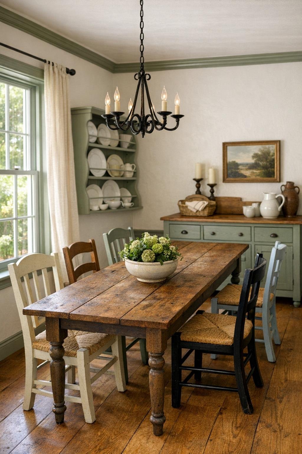 Charming cottage dining room with a farmhouse table and mixed chairs