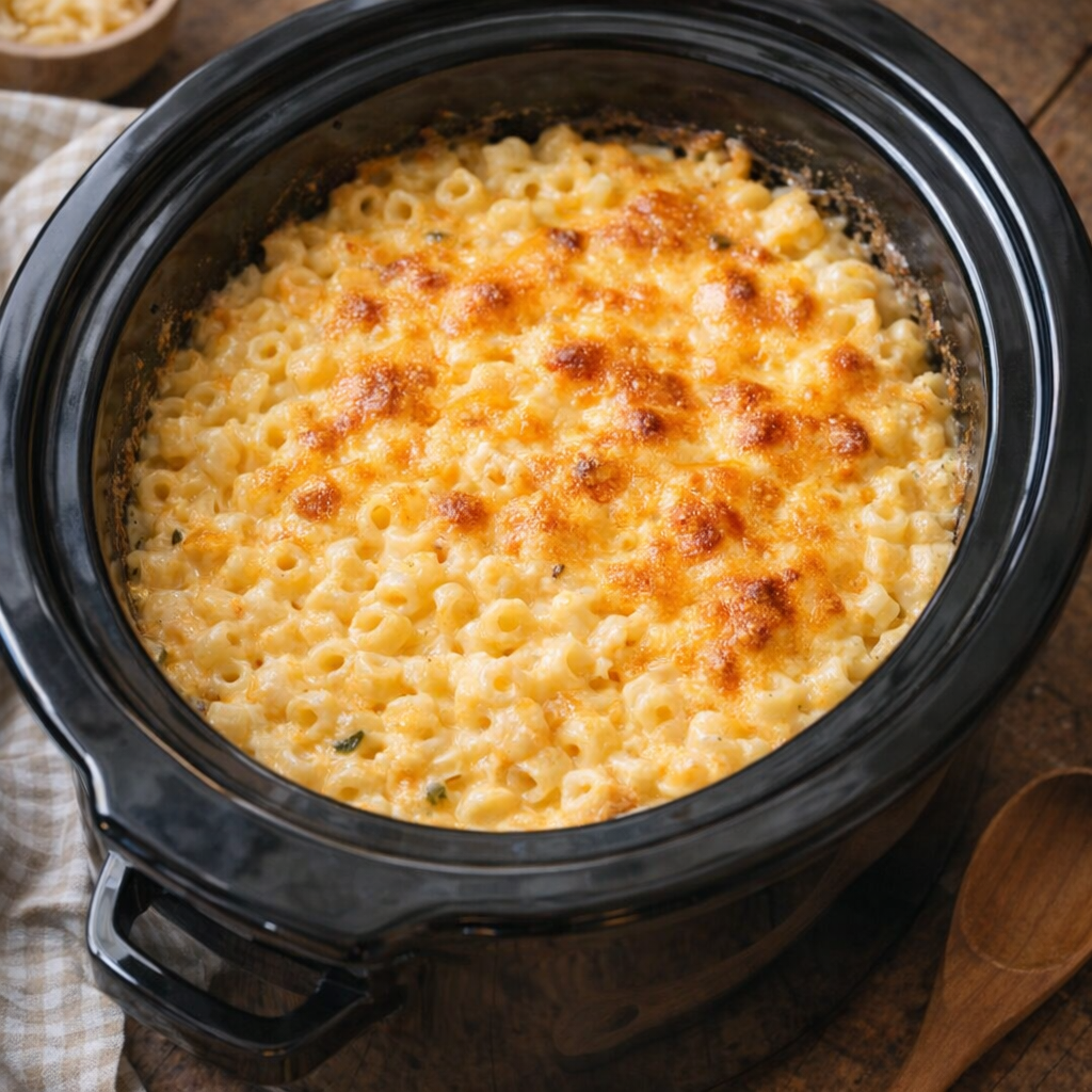 Slow cooker golden cheese pasta in a ceramic insert