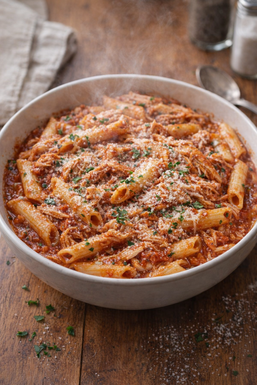 Kip Parmezaanse pasta uit de slowcooker in een serveerschaal