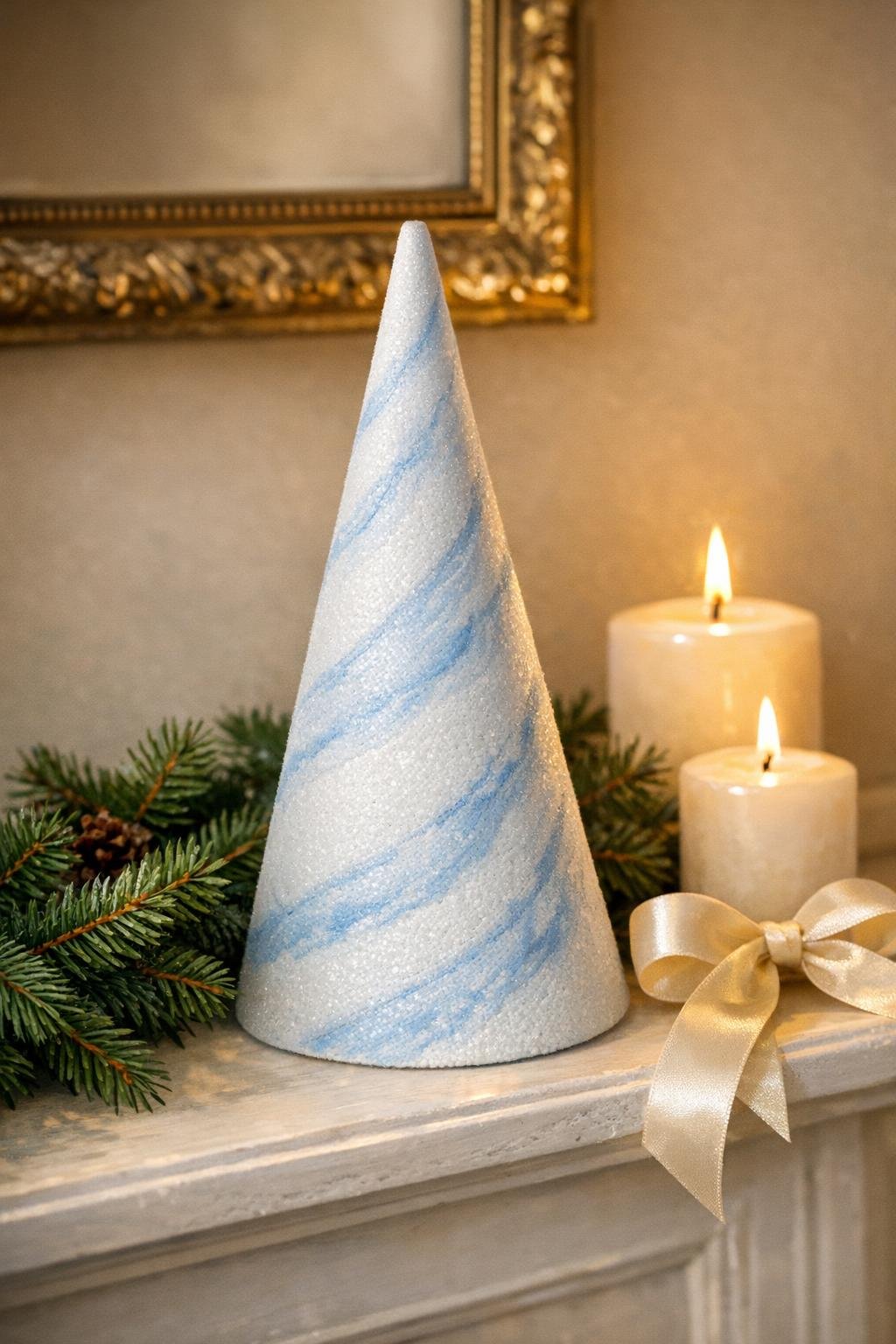 Finished marbled mantel tree displayed on a mantel