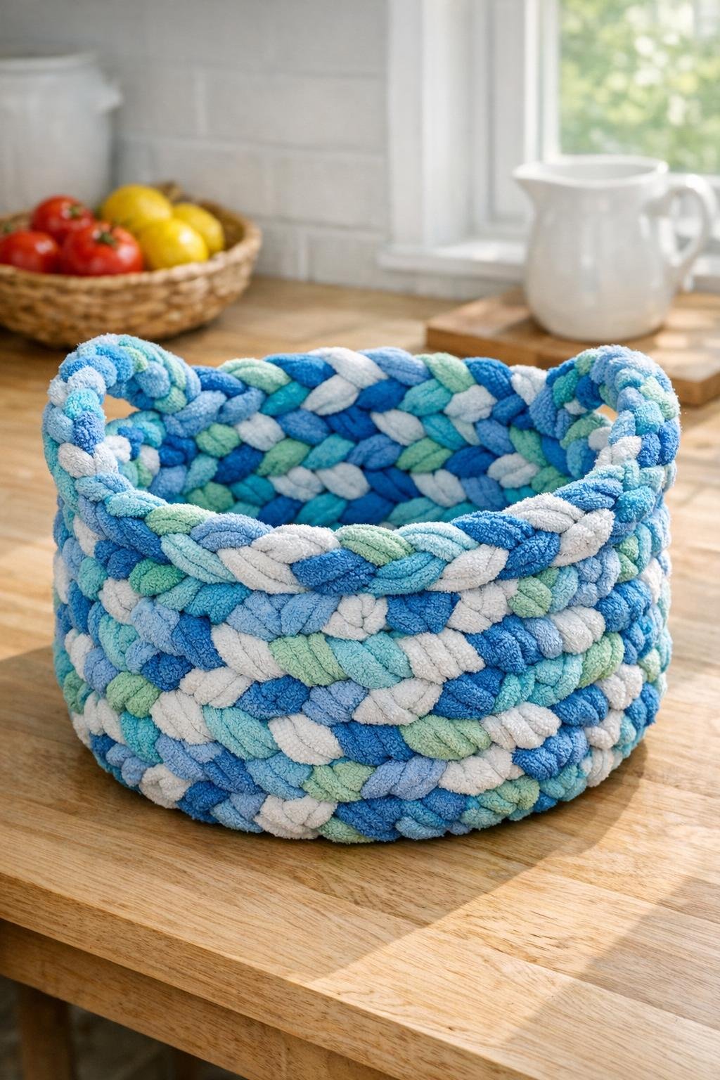 Finished braided harvest basket made from old bath towels