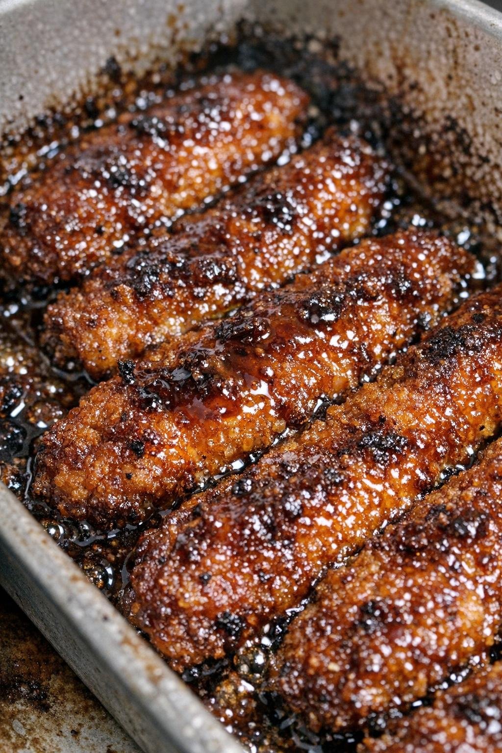 Glazed oven chicken strips in a metal baking pan