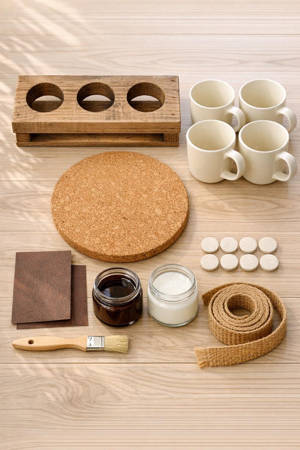Wooden wine bottle holder, ceramic mugs, cork trivet, and finishing supplies laid out on a table