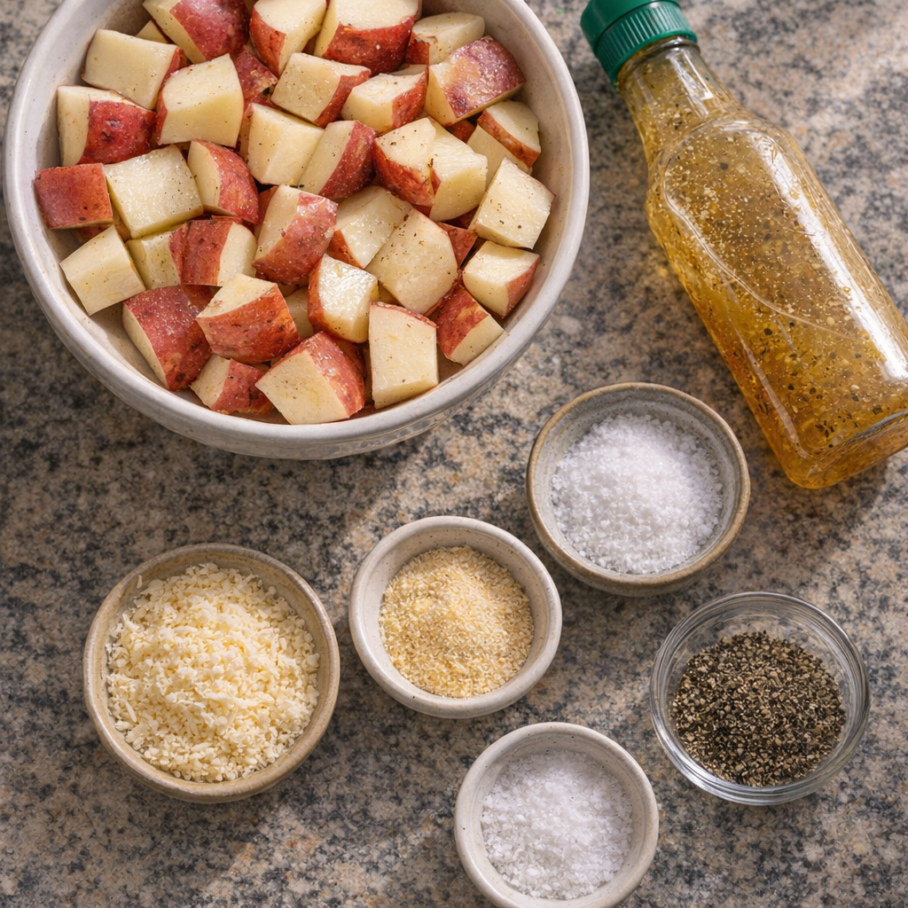 Simple ingredients for roasted red potatoes arranged on a kitchen table