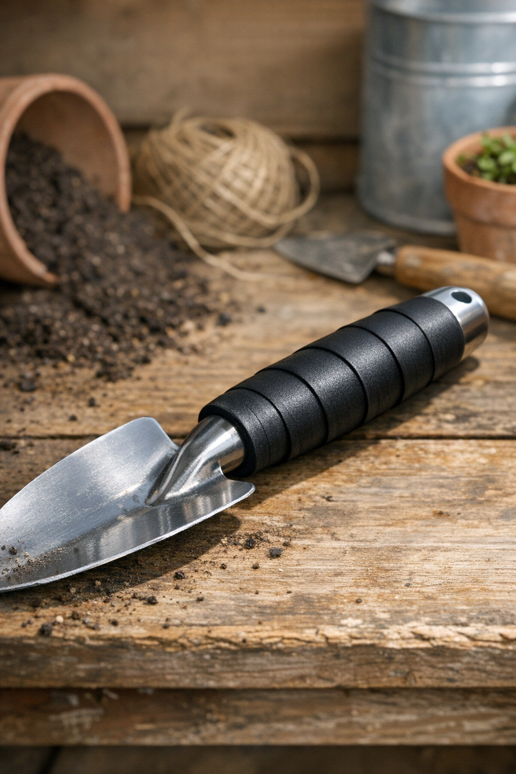 Finished garden tool with a smooth shatterproof rubber grip