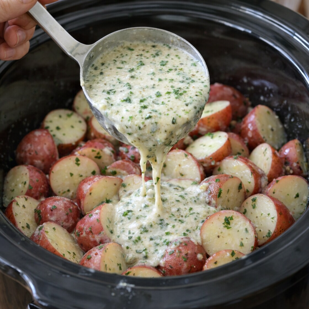 Herb ranch sauce being poured over red potatoes