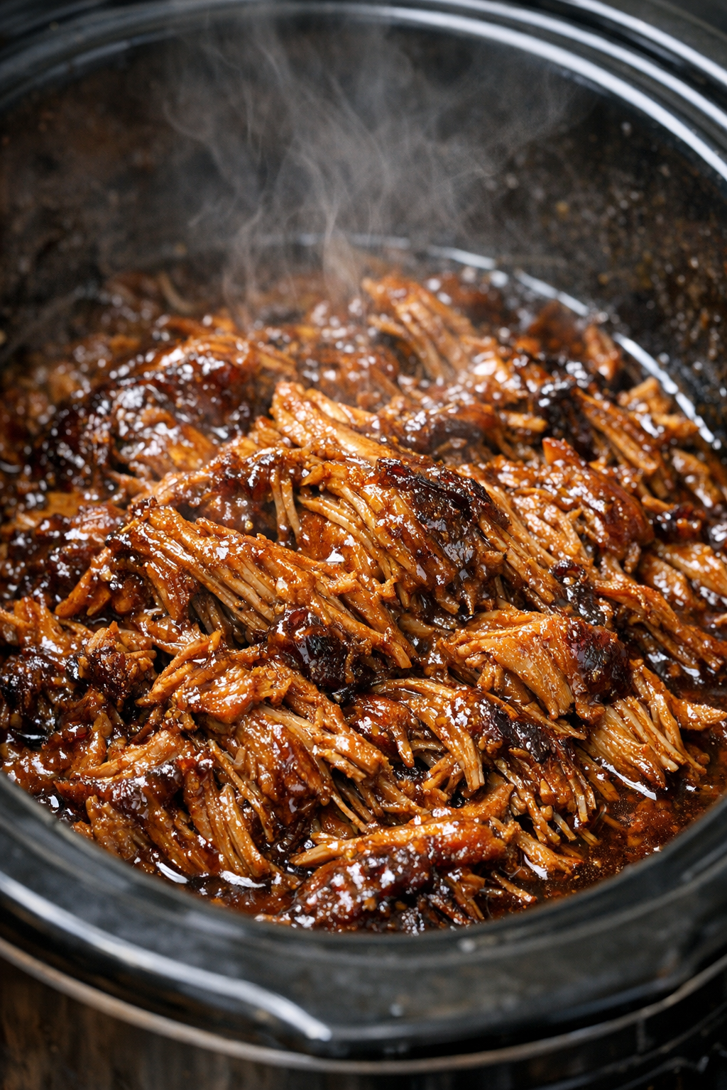 Slow cooker pork glazed with dark amber sauce