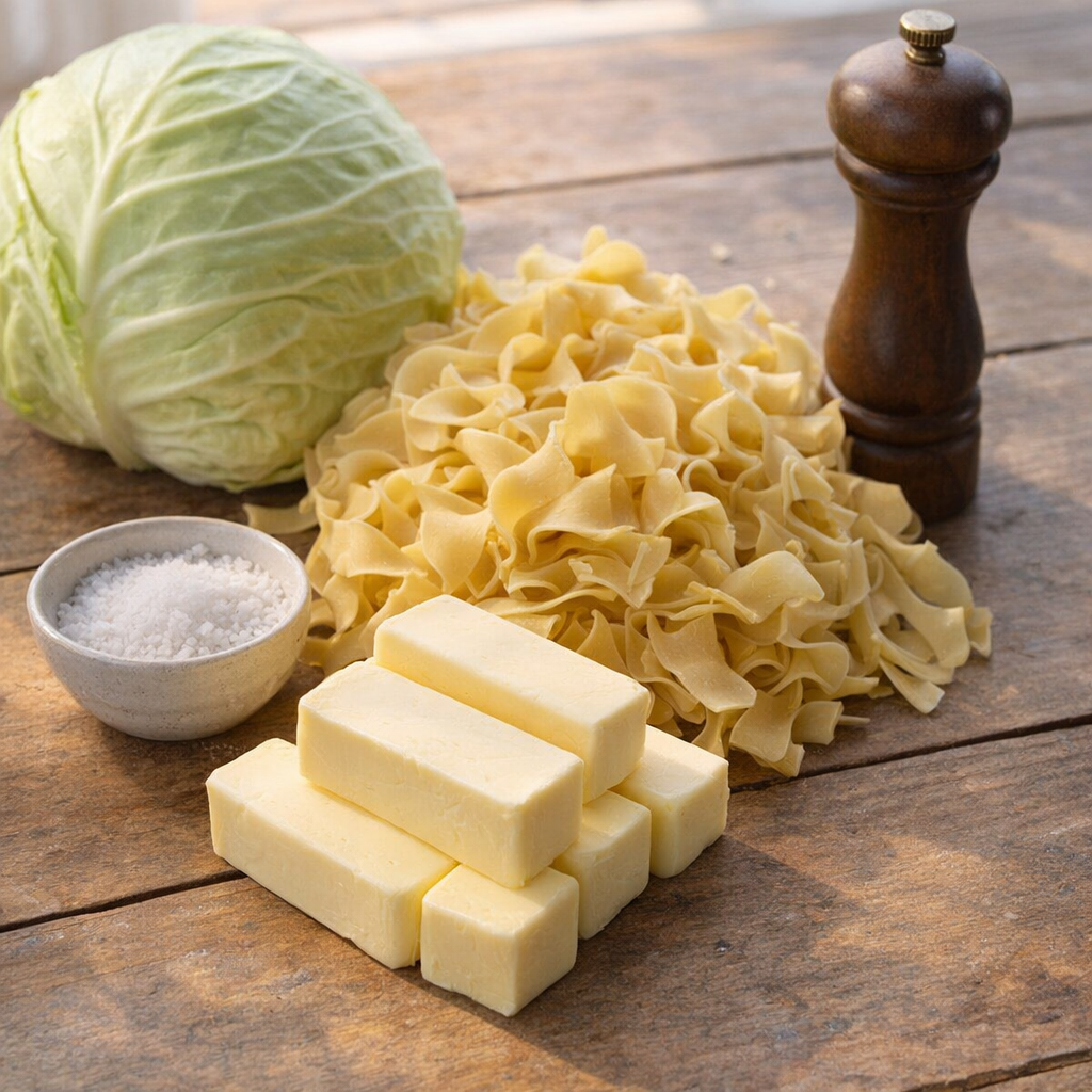 Simple ingredients for cabbage and noodles
