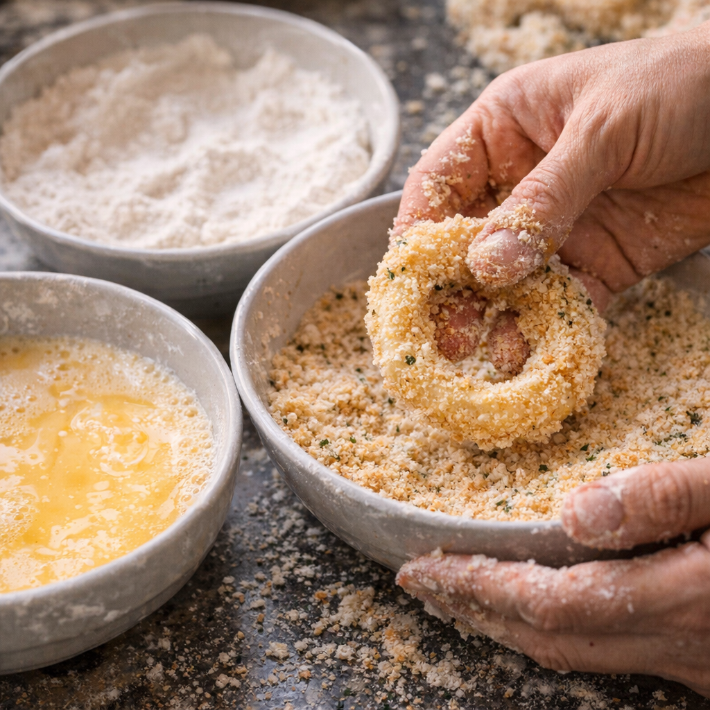Mozzarella-stuffed onion rings being coated in breadcrumbs