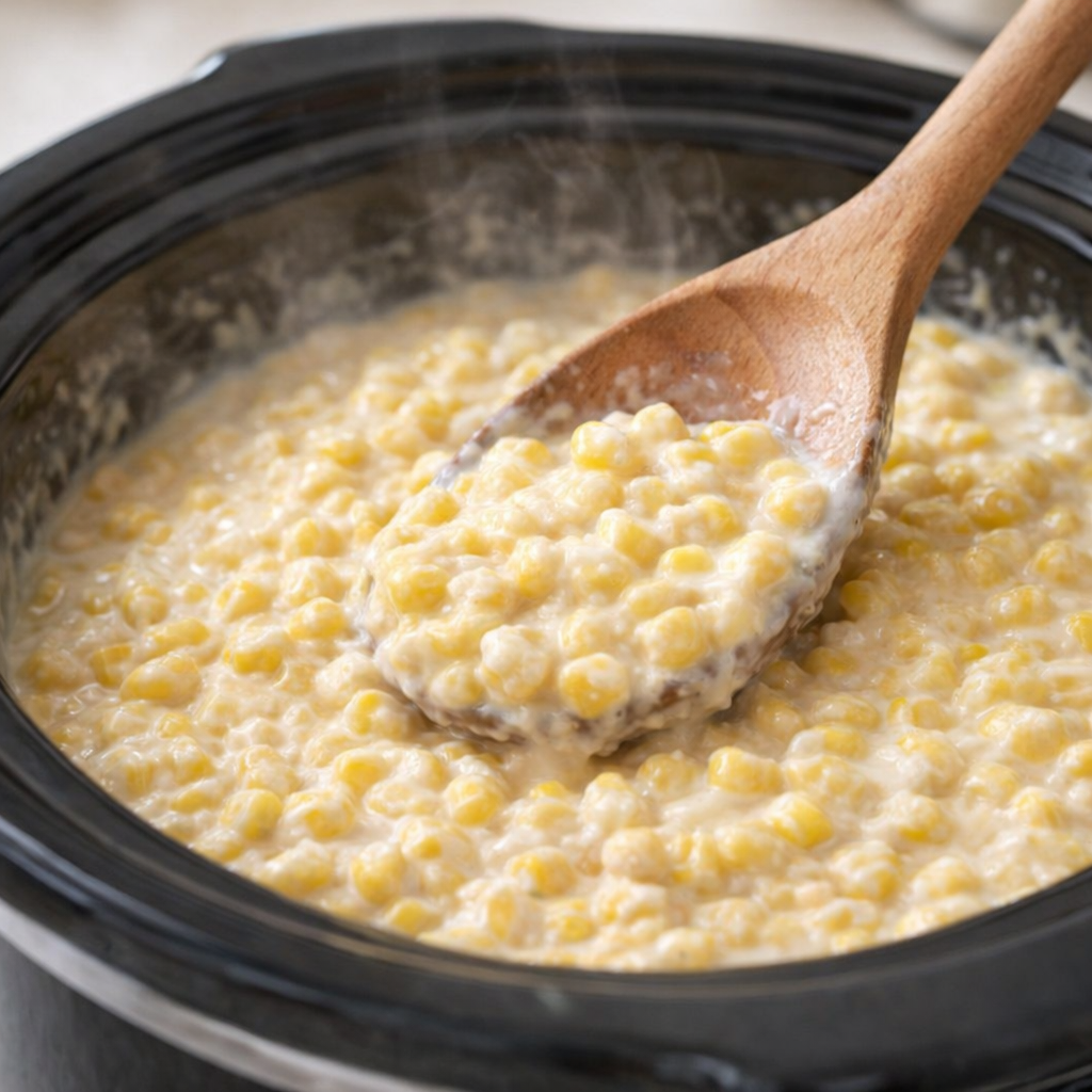 Creamed corn being stirred until smooth in the slow cooker