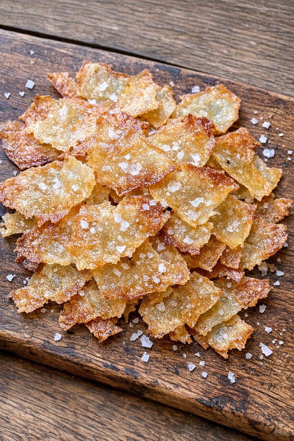 Crispy golden potato bark chips on a rustic wooden board