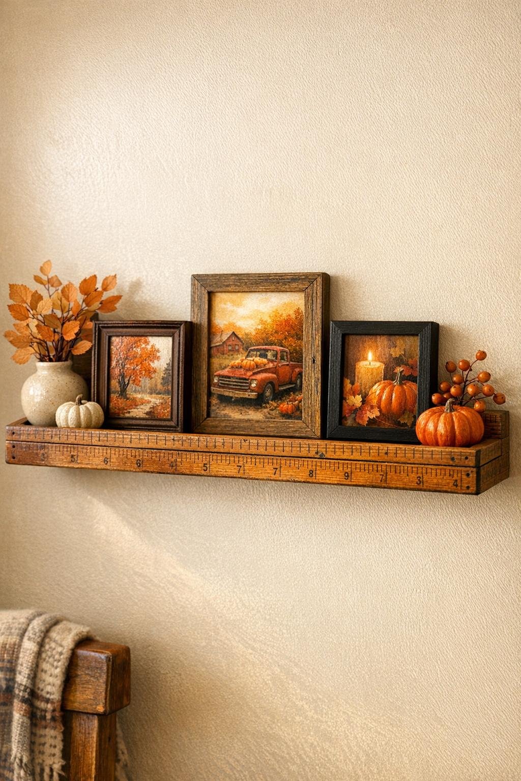 Finished autumn picture ledge made from old wooden yardsticks mounted on a wall