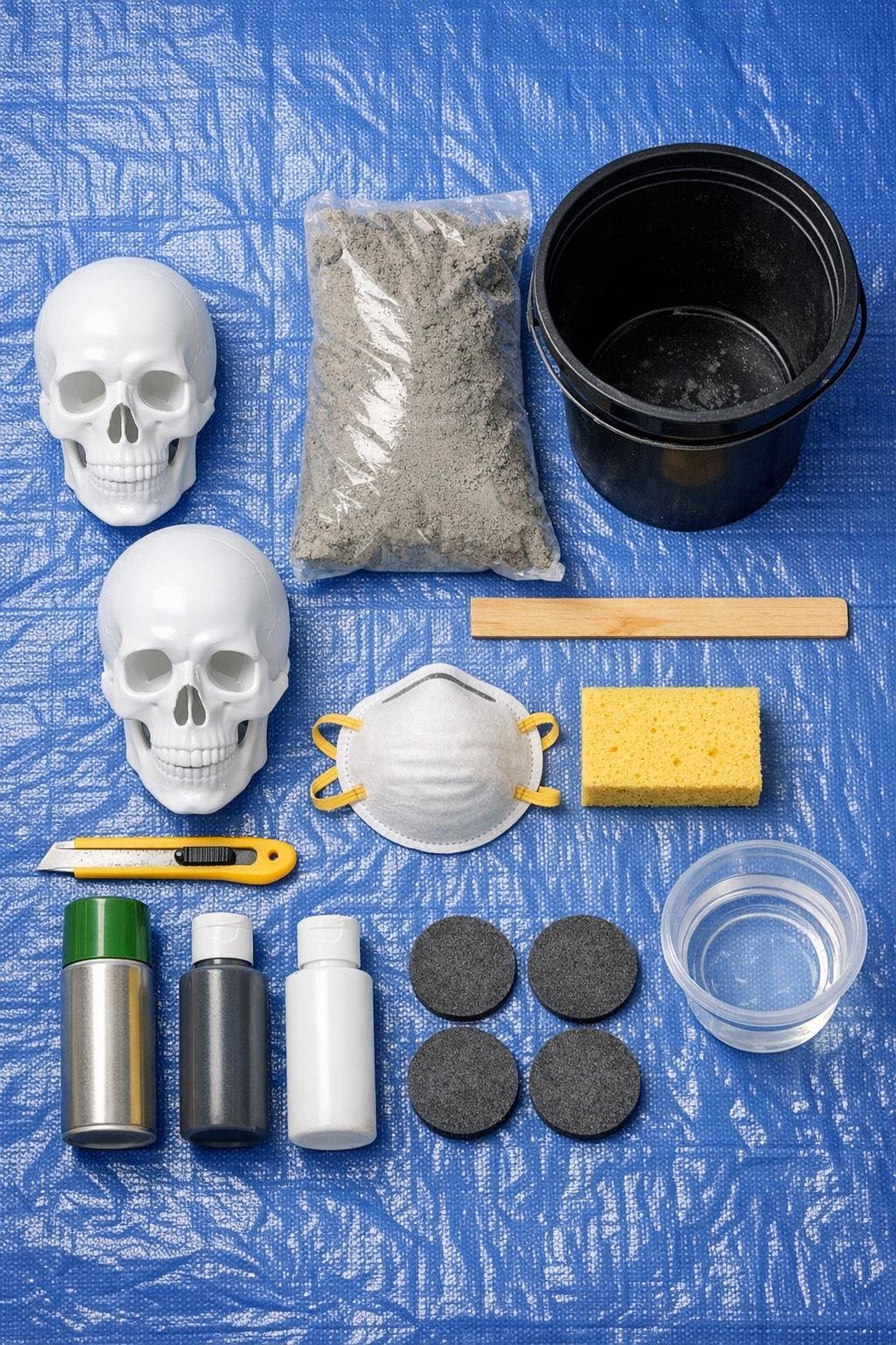 Materials for concrete skull project laid out together