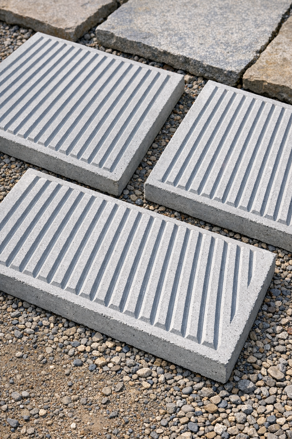 Finished heavy ribbed patio slabs made from cement and roasting pans