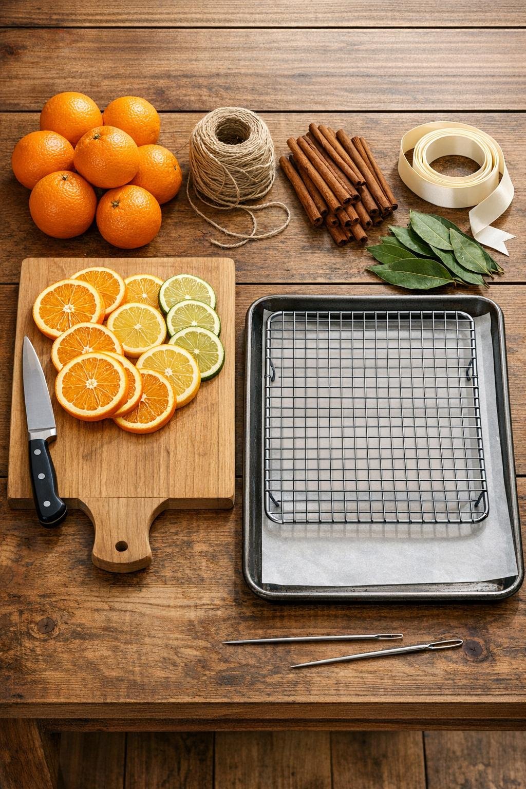 Materials for dried orange slice garland laid out on a table