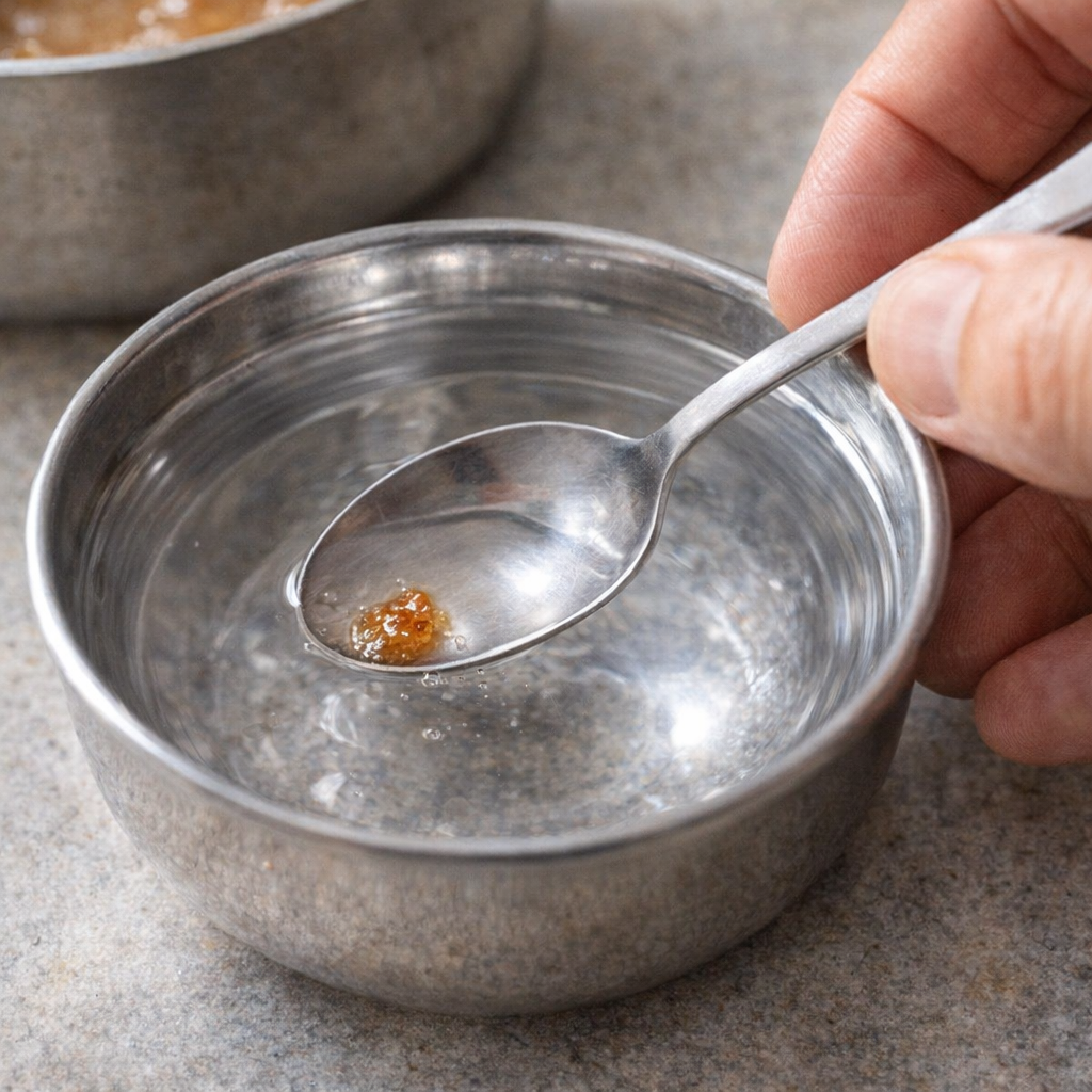 Soft-ball caramel test in cold water