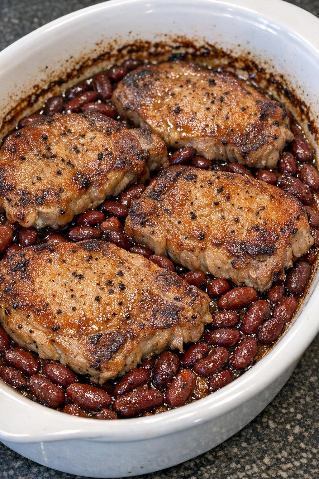 Golden browned pork chops baked over kidney beans in a white casserole dish