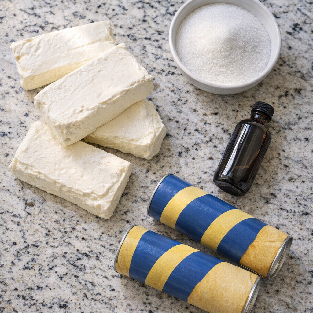 Simple cheesecake bar ingredients laid out on a kitchen counter