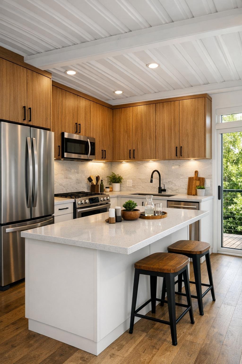 Compact modern kitchen with flat-panel cabinets and quartz surfaces inside a container home