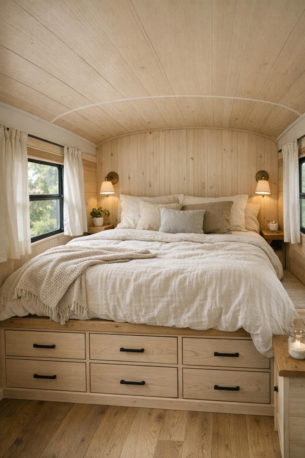 Serene bus bedroom with a raised bed, soft neutral bedding, and wood cabinetry