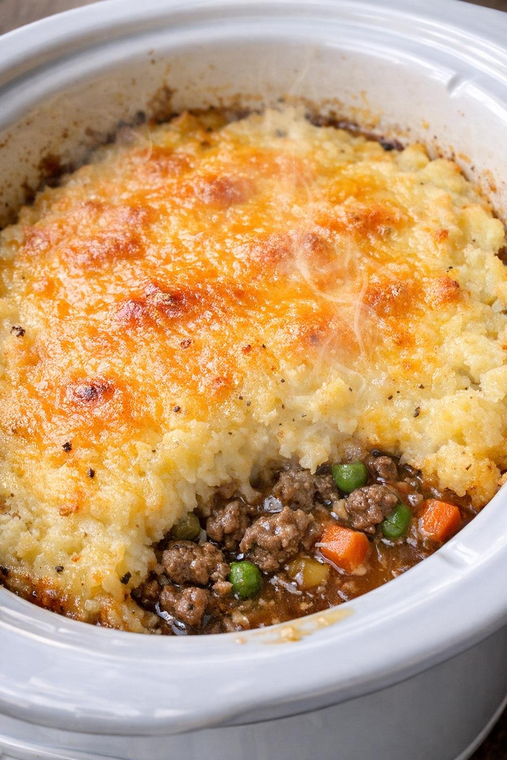 Close-up of a hearty slow cooker dinner with a golden mashed potato topping