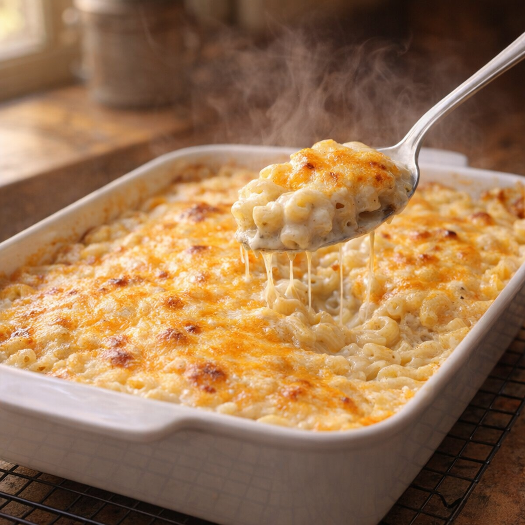 Freshly baked ranch macaroni with browned cheese on top