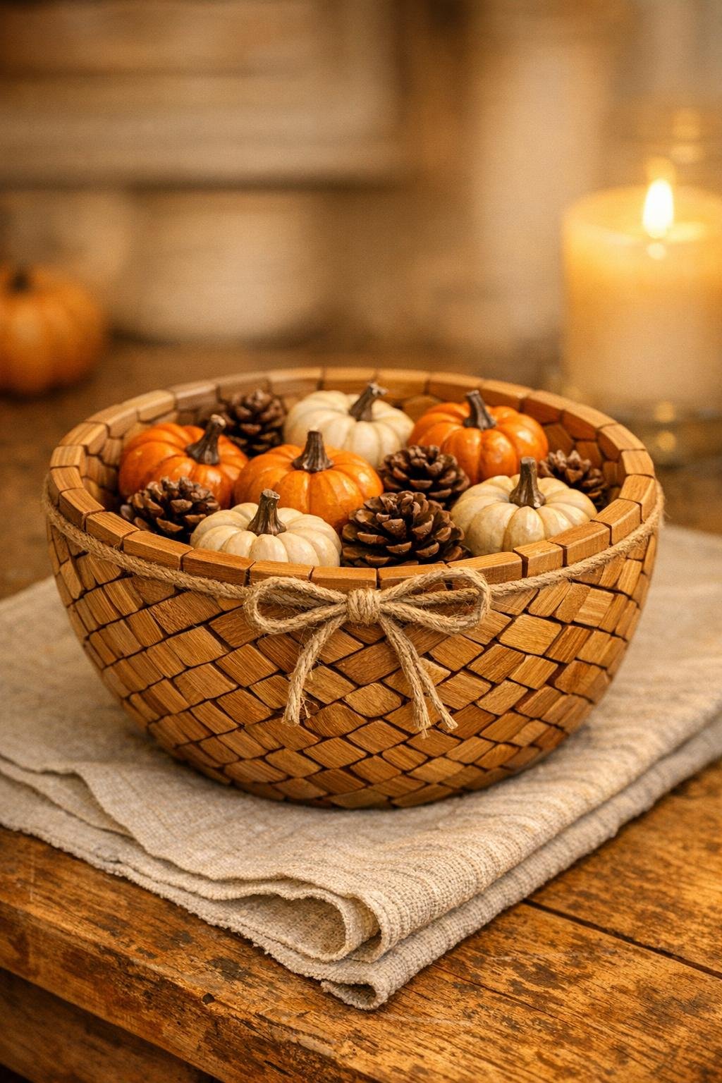 Finished woven clothespin harvest bowl styled on a table with seasonal decor