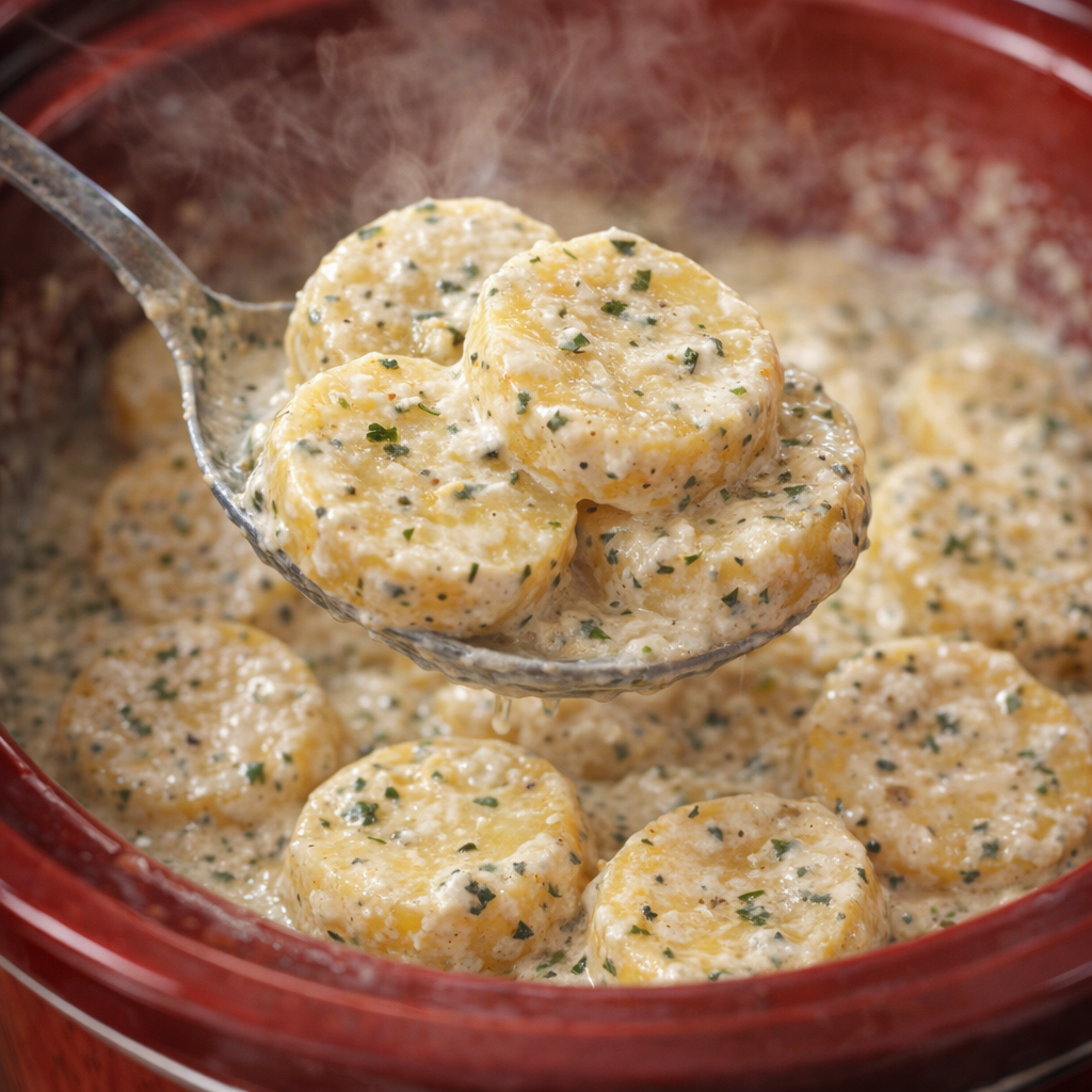 Serving spoon lifting creamy cooked ranch potatoes from the slow cooker