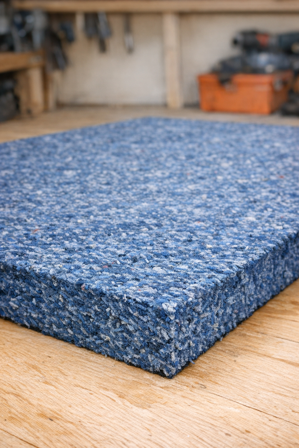 Finished heavy-duty floor underlayment made from soaked shredded denim jeans
