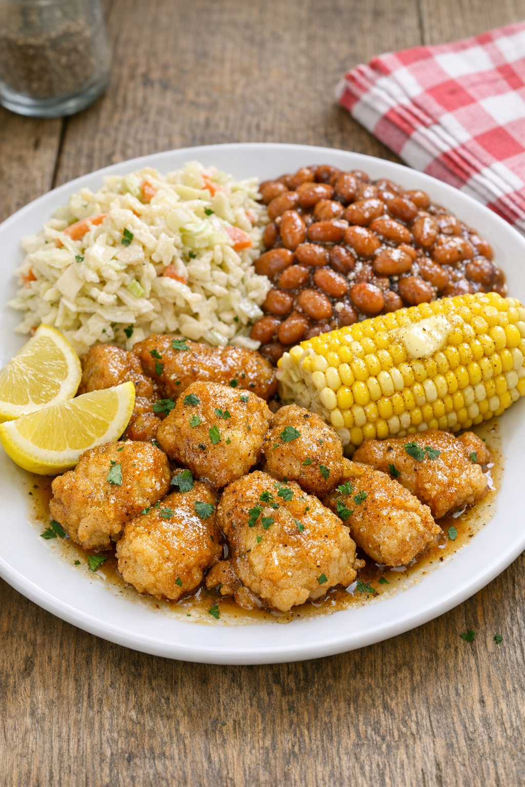 Plated slow cooker catfish nuggets with summer sides