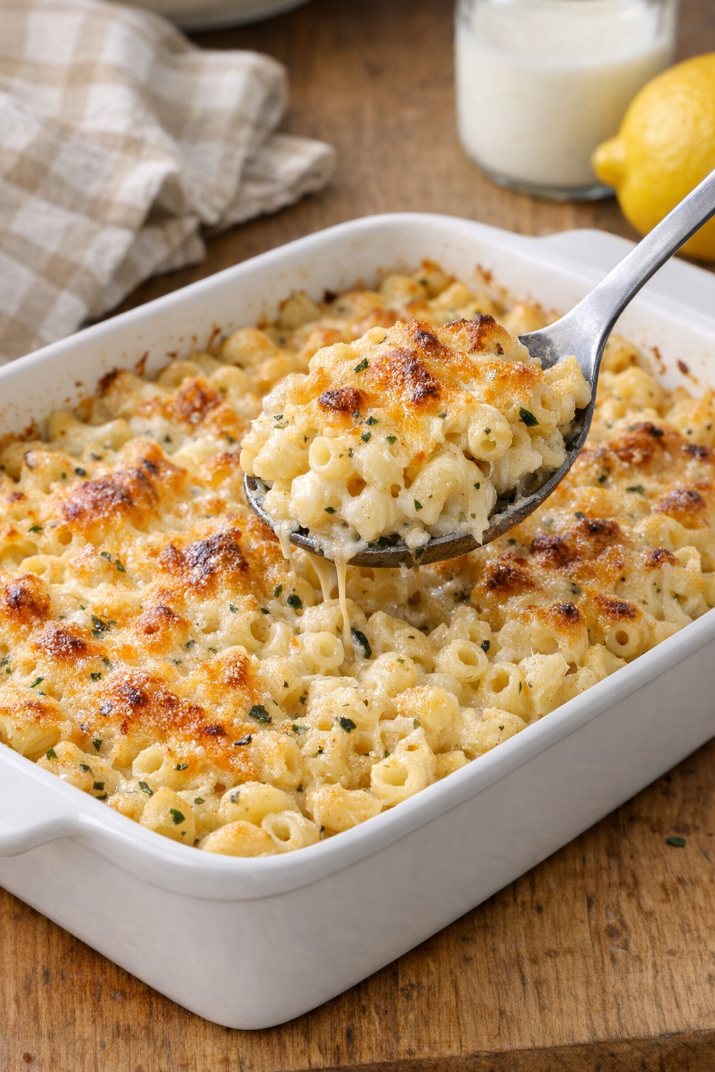 Finished baked lemon herb butter macaroni in a casserole dish