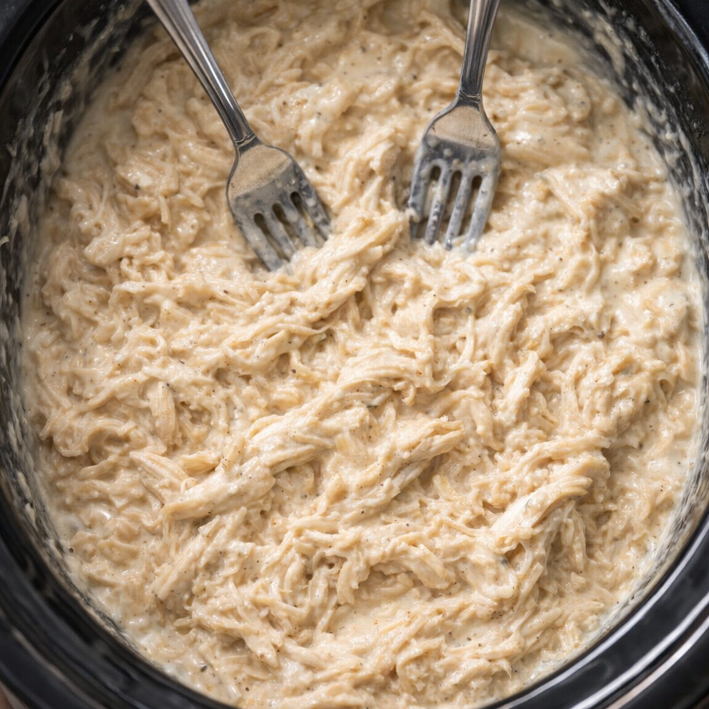 Shredded chicken in creamy slow cooker sauce