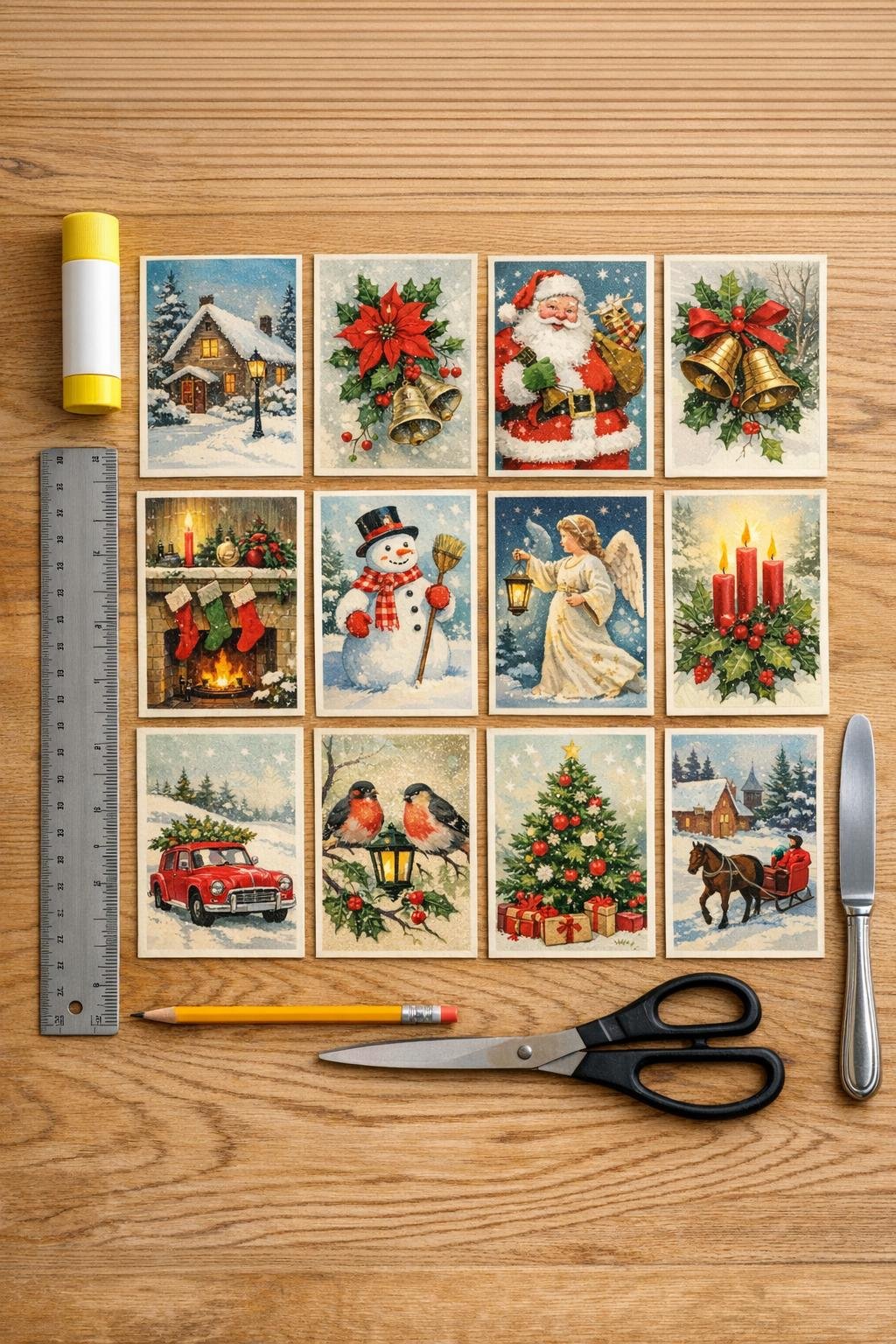 Old Christmas cards and basic tools laid out for the project