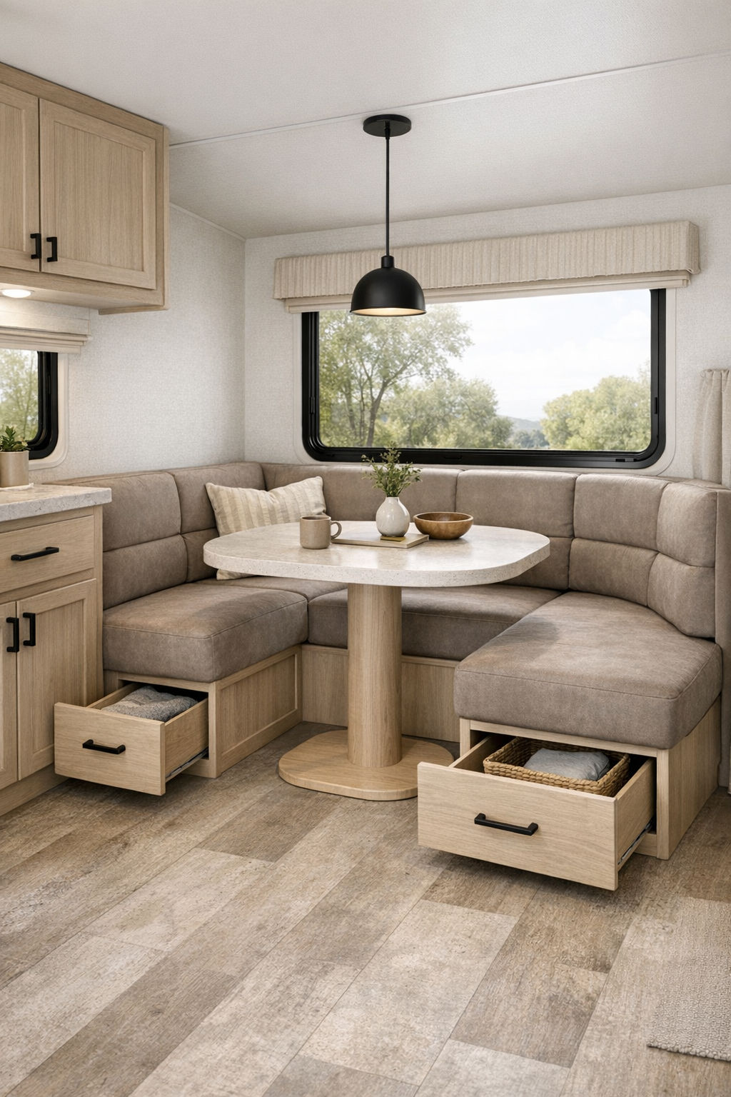 Compact RV dining nook with banquette seating, rounded pedestal table, and soft natural light