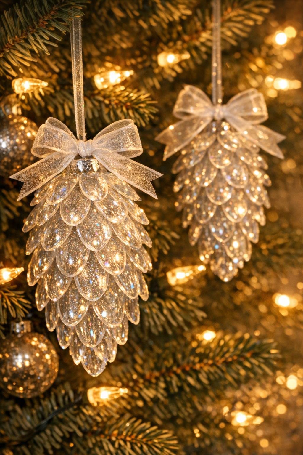 Crystal ice pinecone ornaments made from clear plastic spoons hanging on a decorated Christmas tree