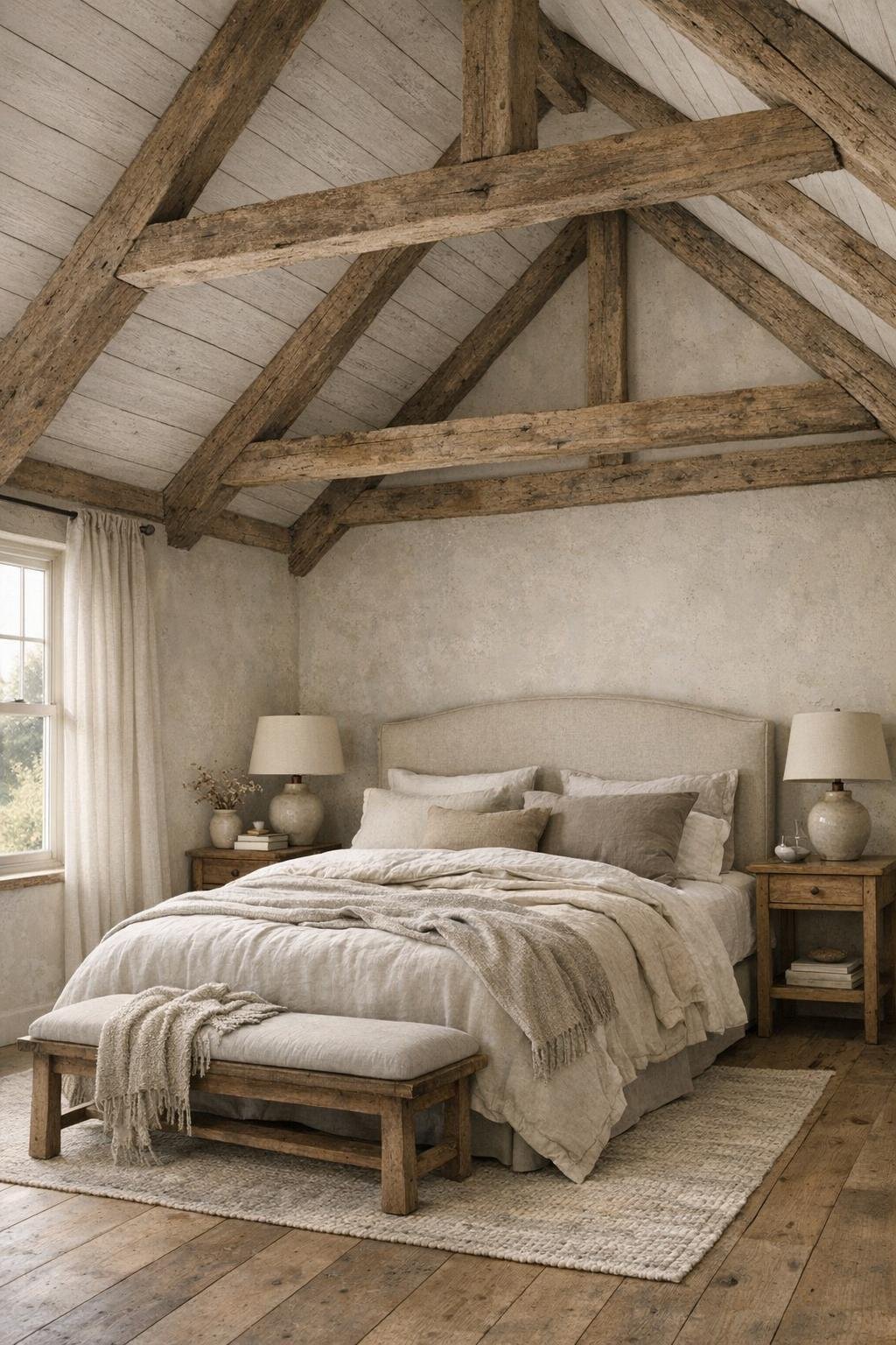Calm farmhouse bedroom with exposed beams, layered linen bedding, and muted neutral tones