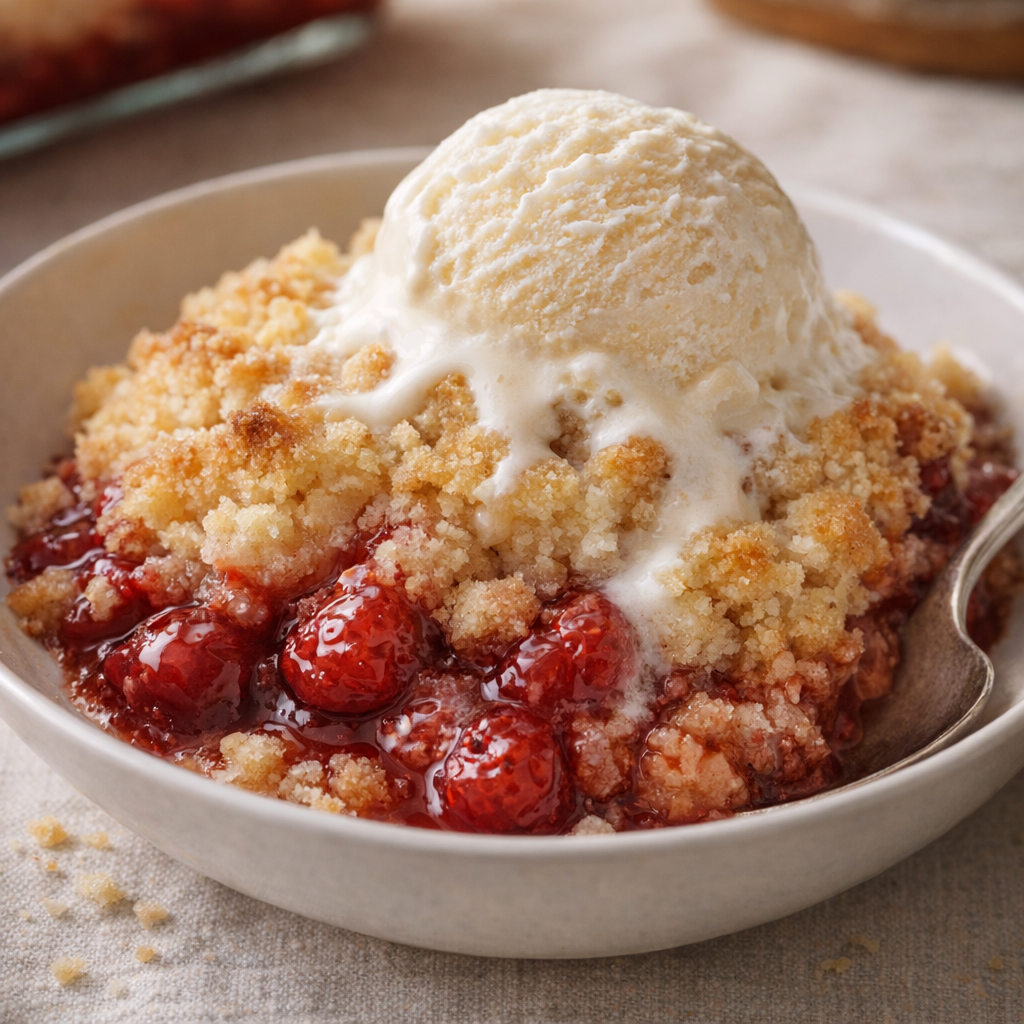 Warm serving of raspberry dump cake with vanilla ice cream