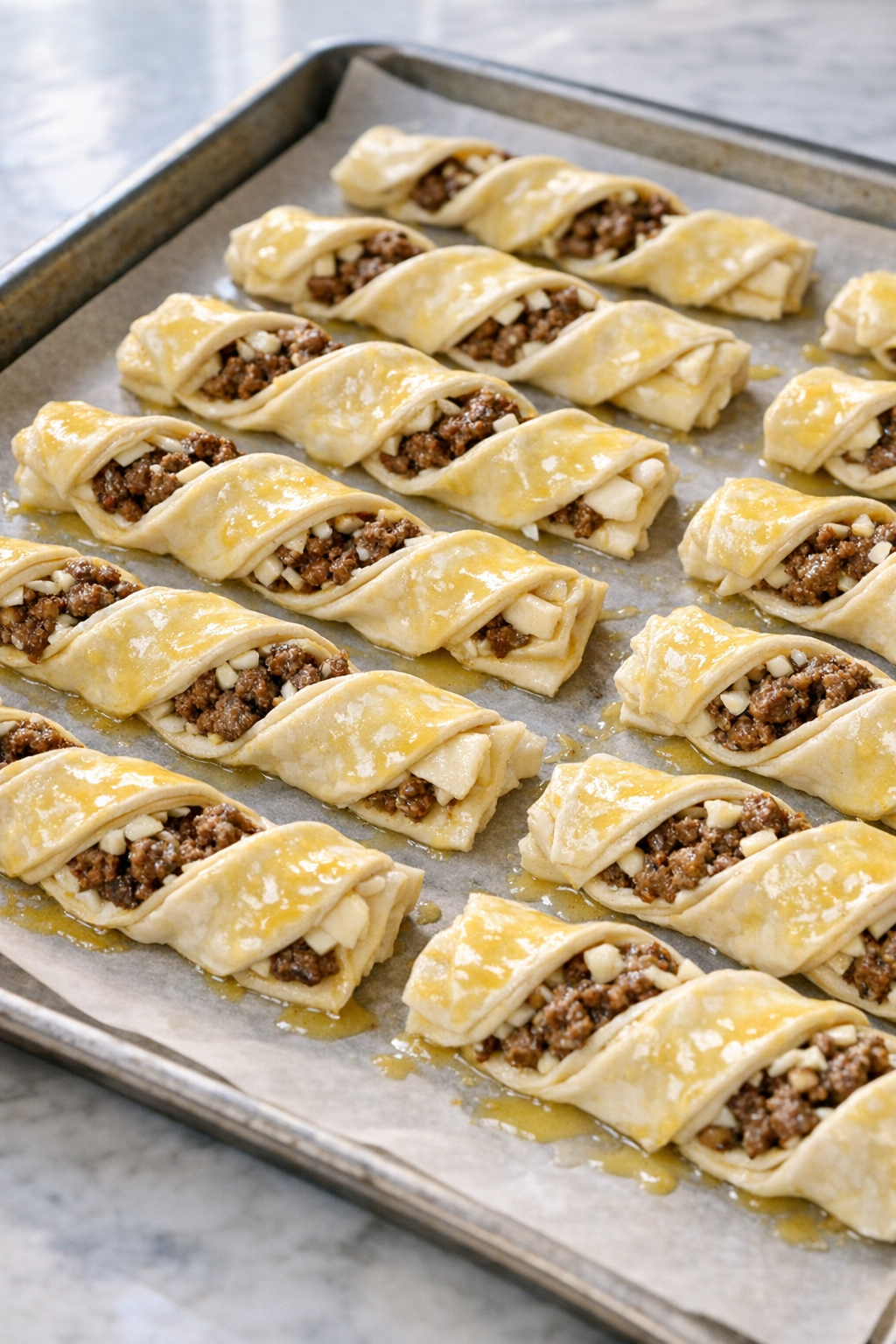 Unbaked beef puff pastry twists on a lined baking sheet