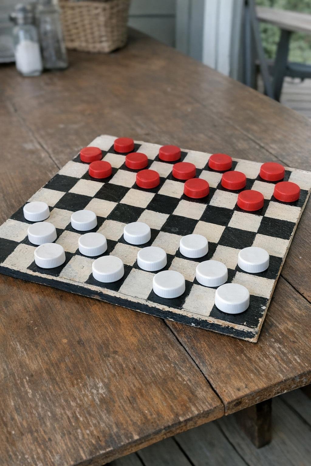 Homemade checkers set with bottle cap pieces