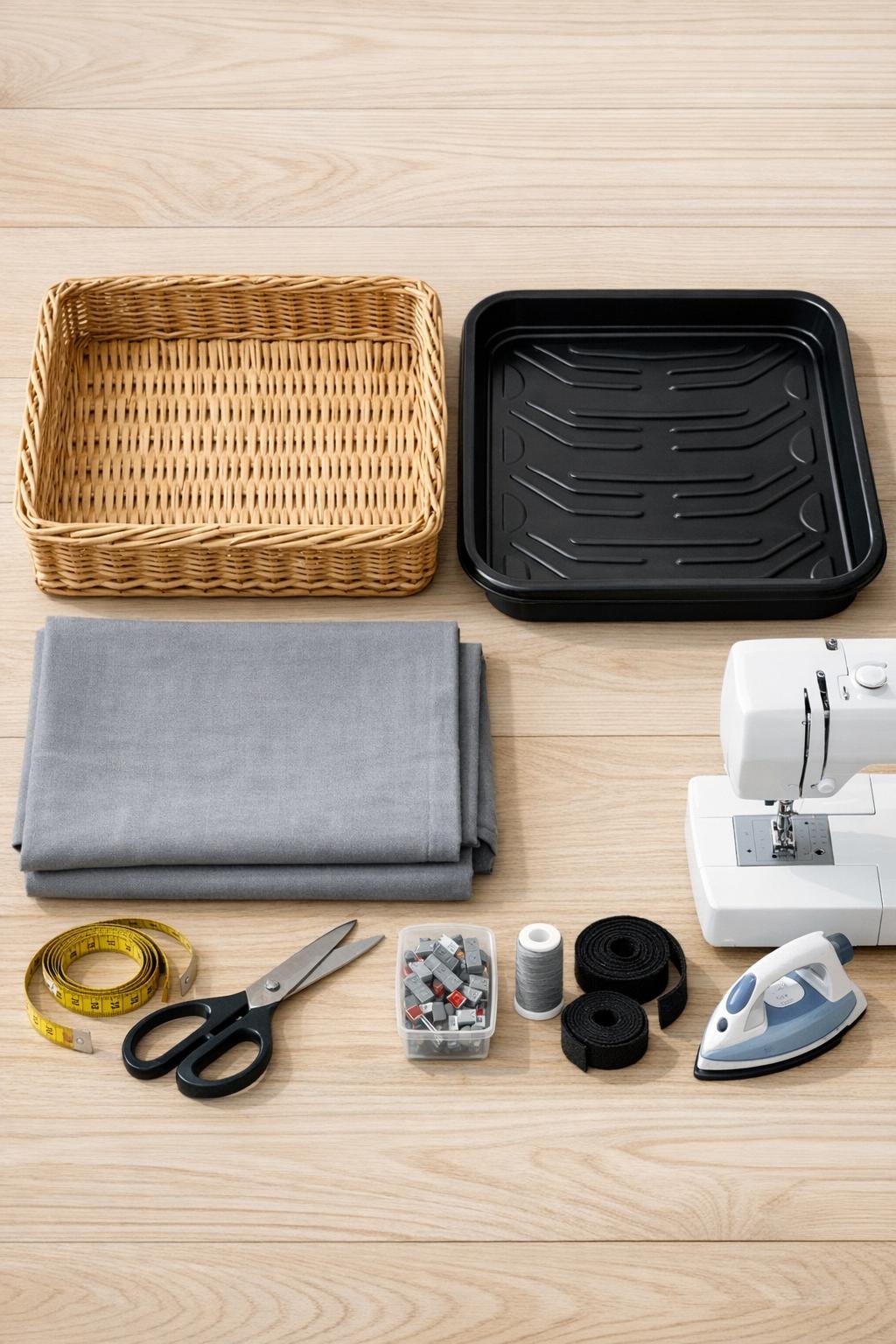 Materials for a wicker basket shoe tray project laid out together