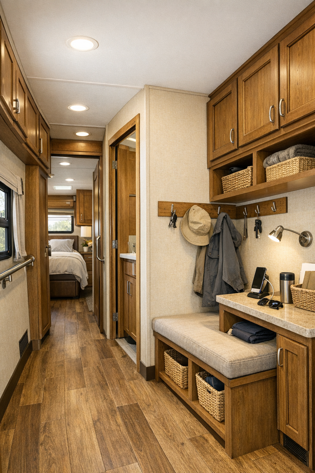 Accessible RV hallway and utility area with built-in storage, clear pathways, and warm finishes