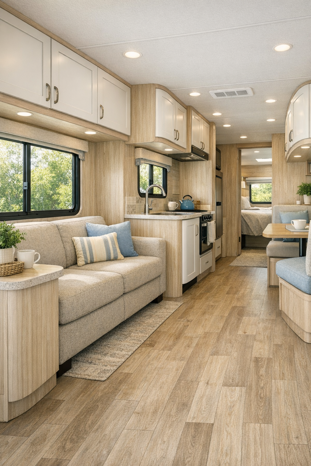 Accessible RV camper living room with oatmeal sofa, pale wood paneling, and large windows