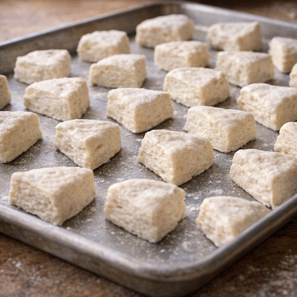 Cut biscuit pieces spaced on a baking sheet before baking