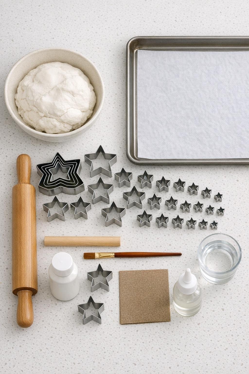 Baking soda clay ingredients and tools laid out on a kitchen counter