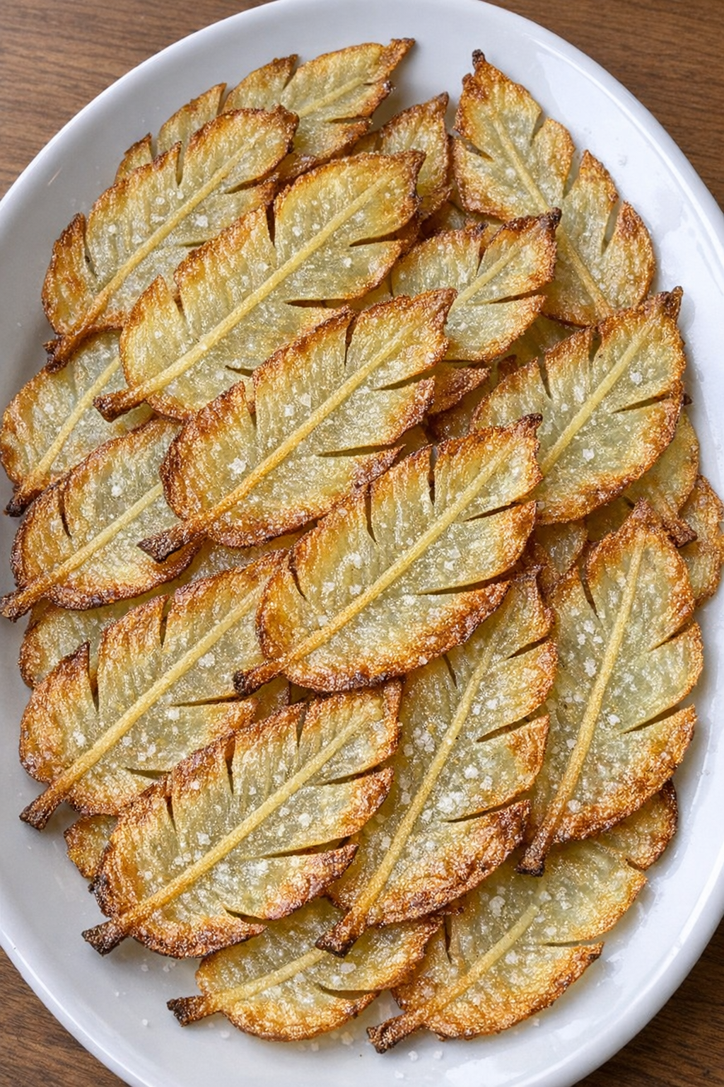 Thin crispy golden potato feather-shaped crisps on a white oval platter